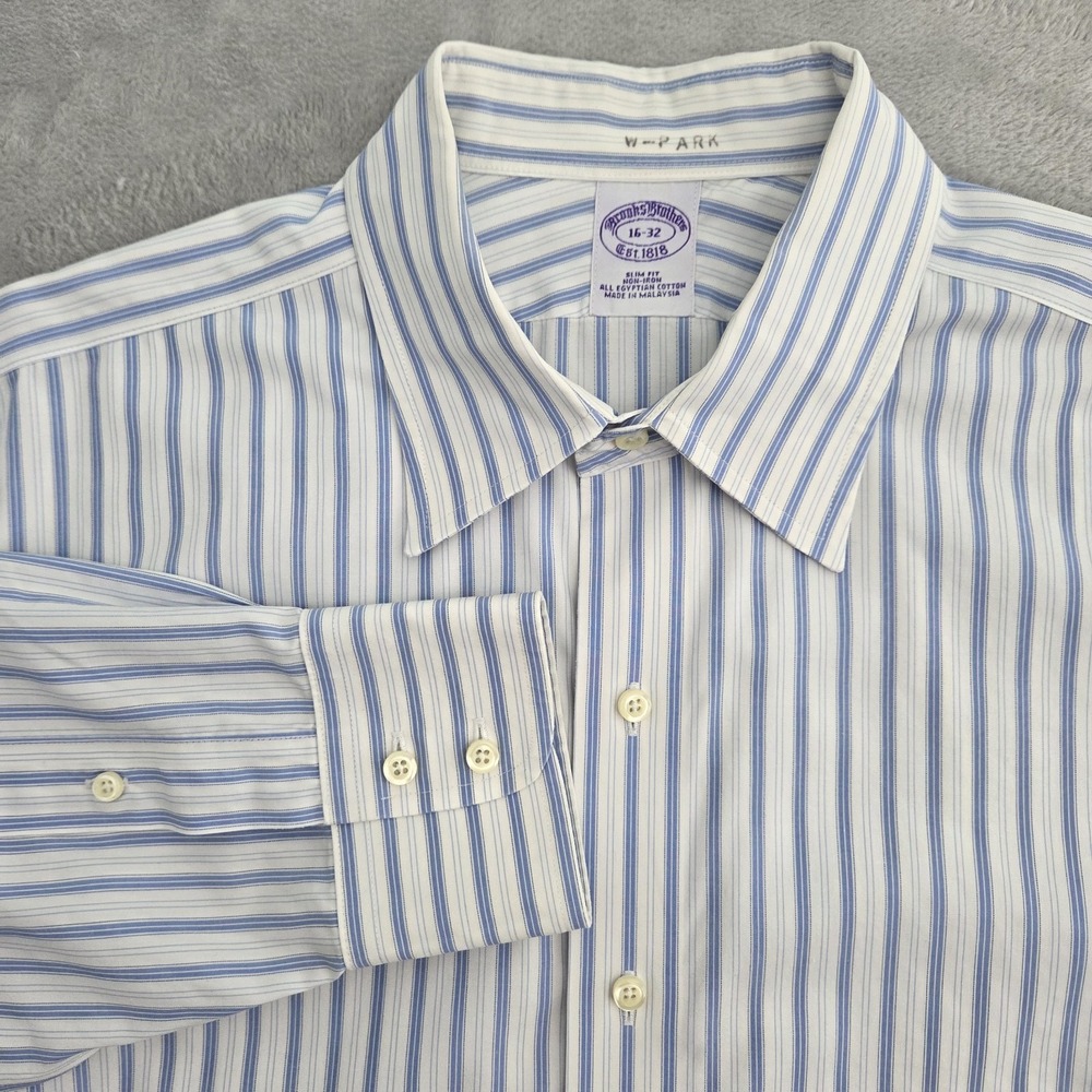 Brooks Brothers Dress Shirt 16-32 White Blue Striped Slim Fit Egyptian Cotton
